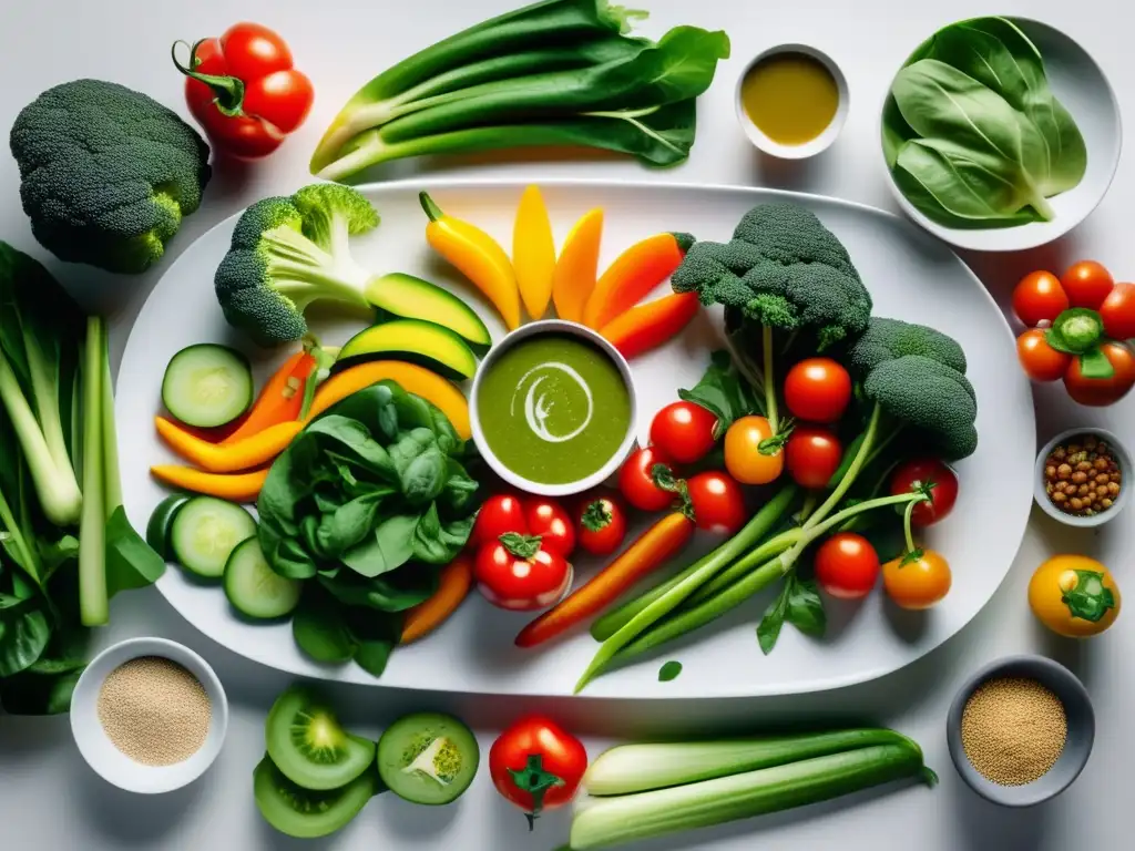 Exquisita variedad de vegetales y proteínas vegetales en plato blanco