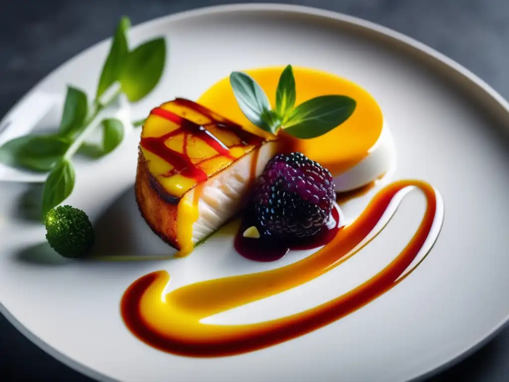 Un plato cetogénico elegante chef con ingredientes vibrantes y coloridos, meticulosamente emplatado en una composición visualmente impresionante.