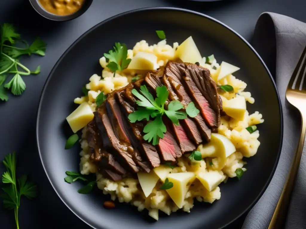 Deliciosa carne stroganoff keto en plato negro