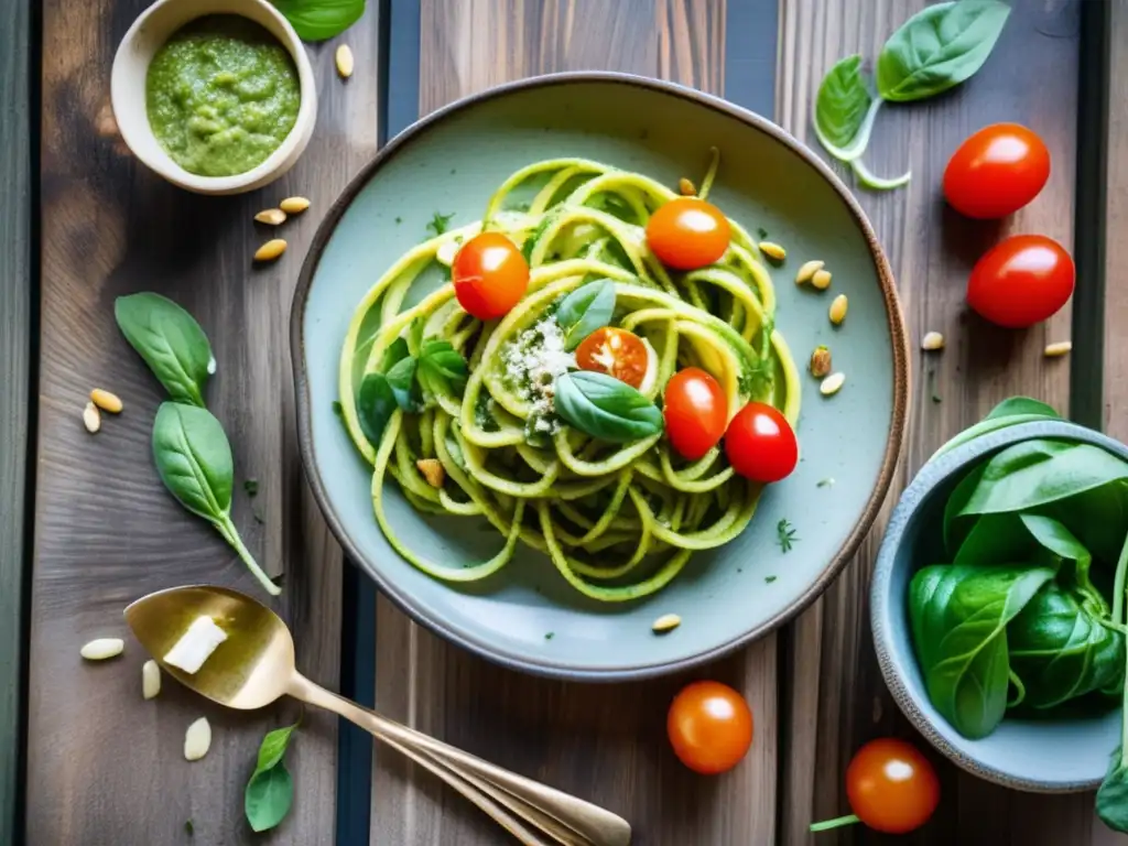 Un plato de fideos de calabacín con pesto cremoso de aguacate sin lácteos, decorado con tomates cherry, piñones y queso parmesano sin lácteos, sobre un fondo de madera rústica con hojas de albahaca y un toque de aceite de oliva.