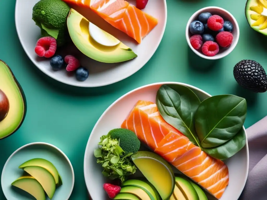 Un plato lleno de alimentos keto como aguacate, salmón, verduras y bayas, con colores vibrantes y frescura, evocando vitalidad.