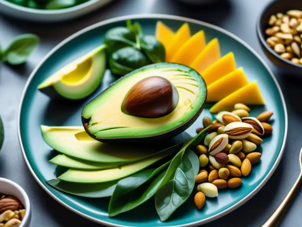 Un plato moderno con alimentos ricos en electrolitos para dieta cetogénica, en una cautivadora presentación con luz natural.