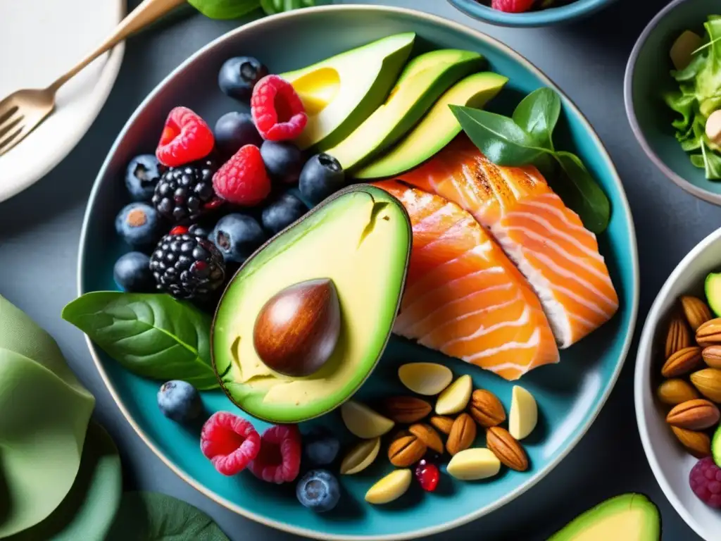 Un plato rebosante de alimentos cetogénicos coloridos, con avocados, verduras, frutos rojos, frutos secos y salmón.</b> La composición es visualmente impactante y apetitosa, resaltando la relación entre vitiligo y dieta cetogénica.