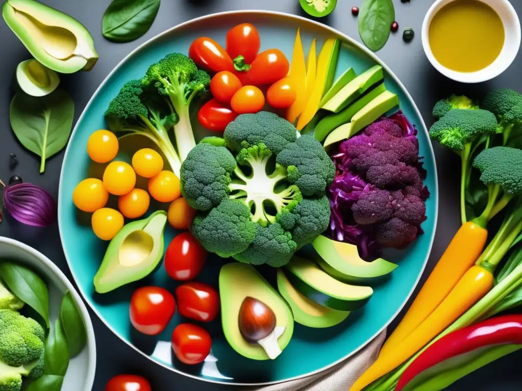 Un plato rebosante de verduras frescas y coloridas, como espinacas, pimientos, brócoli y aguacate, dispuestas de manera artística para resaltar la diversidad de alimentos en una dieta cetogénica. Las verduras lucen frescas y crujientes, con gotas de agua brillando en las