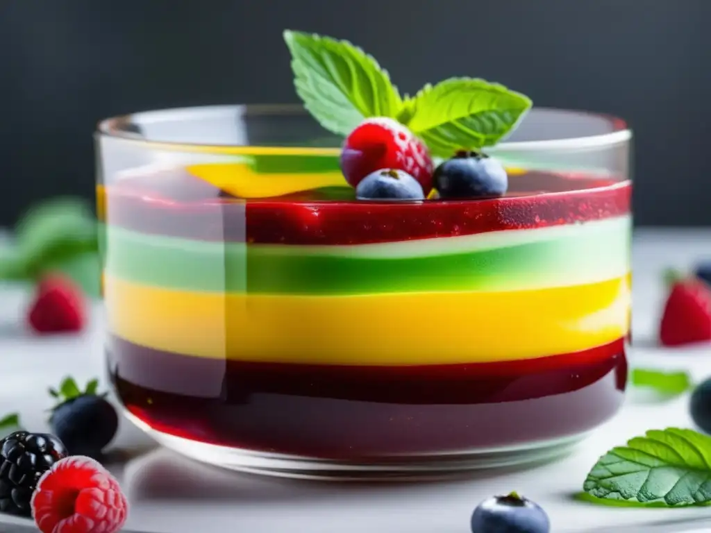 Un postre keto colorido y apetitoso en un vaso transparente sobre mármol. Recetas de gelatinas cetogénicas fáciles