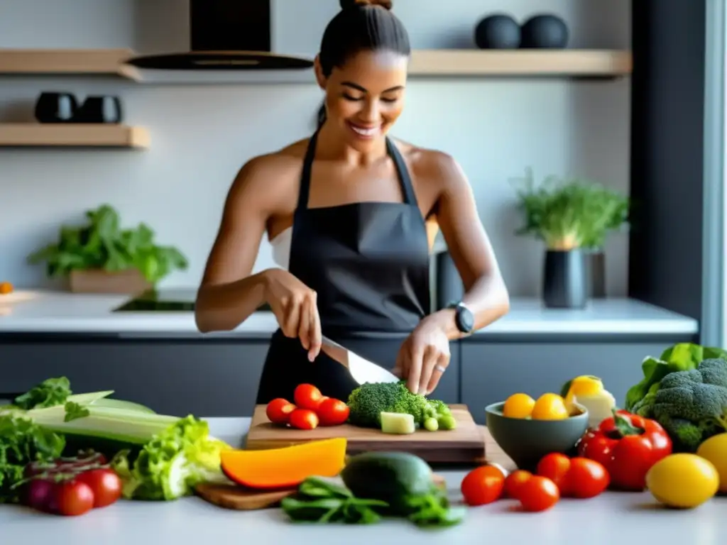 Preparación de una comida cetogénica para fatiga crónica en una cocina moderna y bien iluminada, con ingredientes frescos y vibrantes.