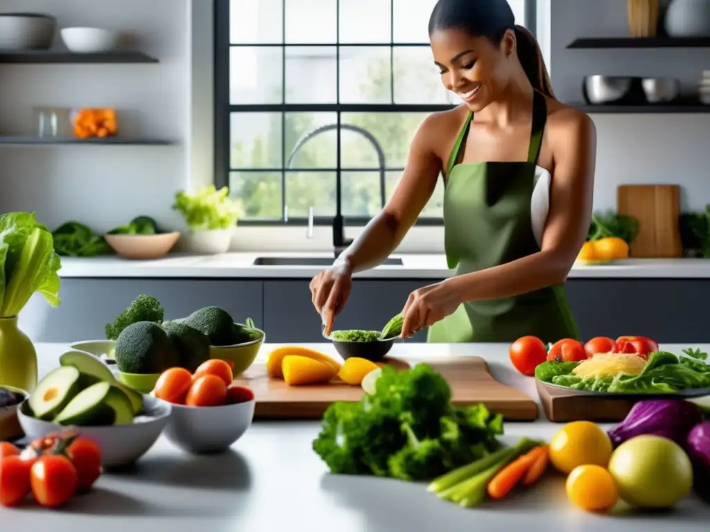 Preparación de comidas cetogénicas saludables en cocina moderna y luminosa, resaltando la dieta cetogénica y salud mental.