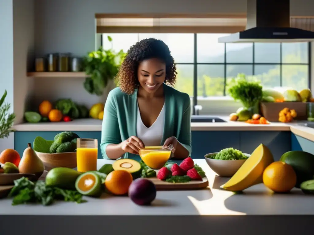 Preparación cuidadosa de una comida cetogénica colorida y nutritiva en una cocina bien iluminada. Dieta cetogénica para migrañas.