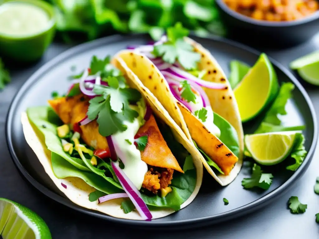 Un primer plano de un suculento taco de pescado dorado en una hoja de lechuga verde, cubierto con aguacate, cebolla roja y salsa de cilantro y lima. <b>El taco descansa en un elegante plato negro, realzando cada delicioso detalle.</b> <b>Una tentadora vista que complement