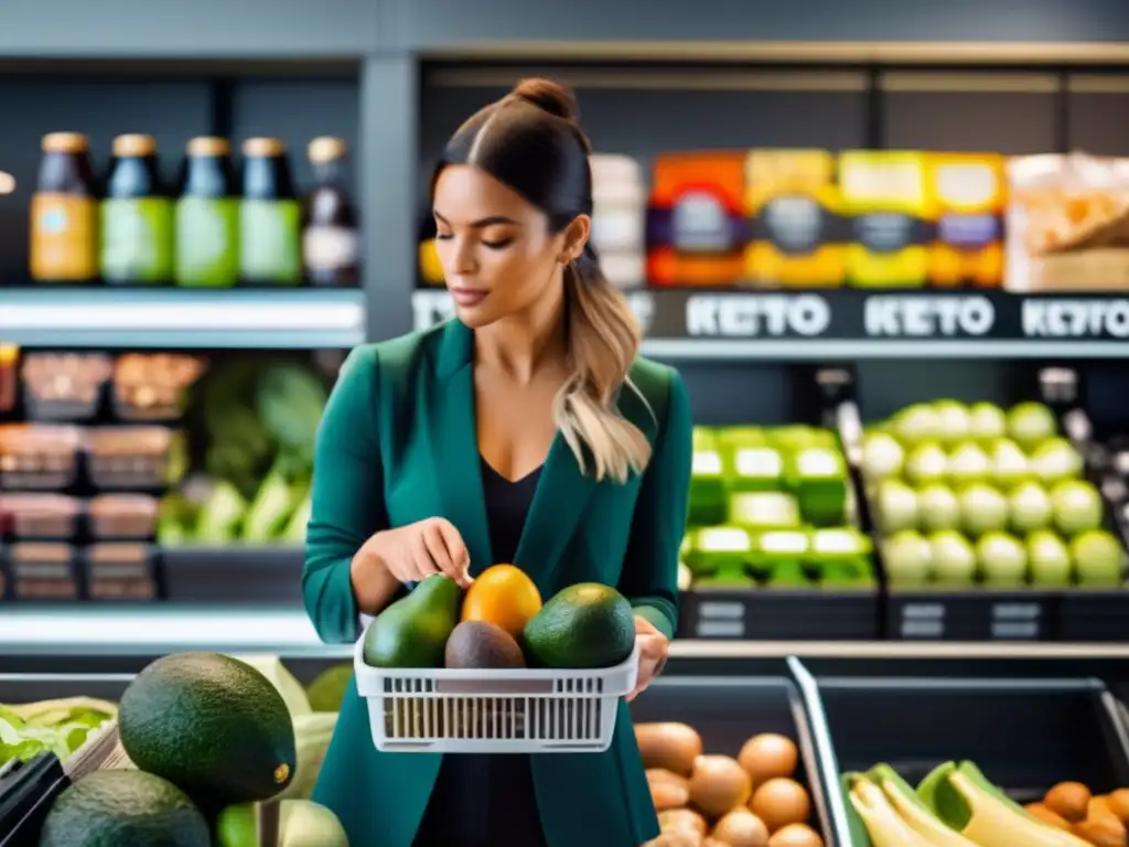 Un profesional compra alimentos cetogénicos en un supermercado moderno, evitando errores comunes en la dieta cetogénica.