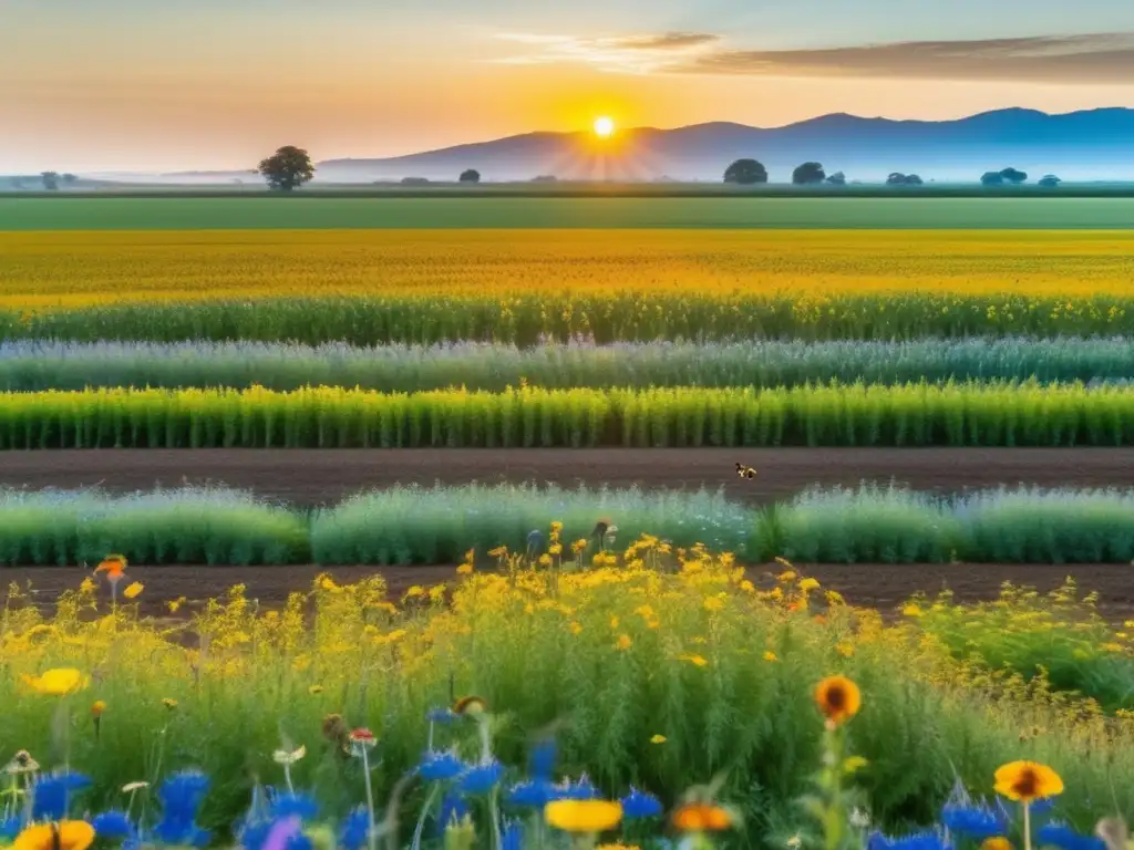 Un próspero paisaje agrícola regenerativo con diversa vida silvestre, reflejando los beneficios de la dieta cetogénica y la agricultura regenerativa.