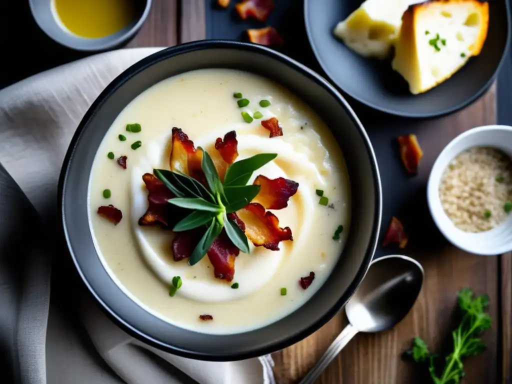 Una reconfortante sopa cetogénica de coliflor y bacon, servida en un elegante bol negro sobre una mesa rústica.