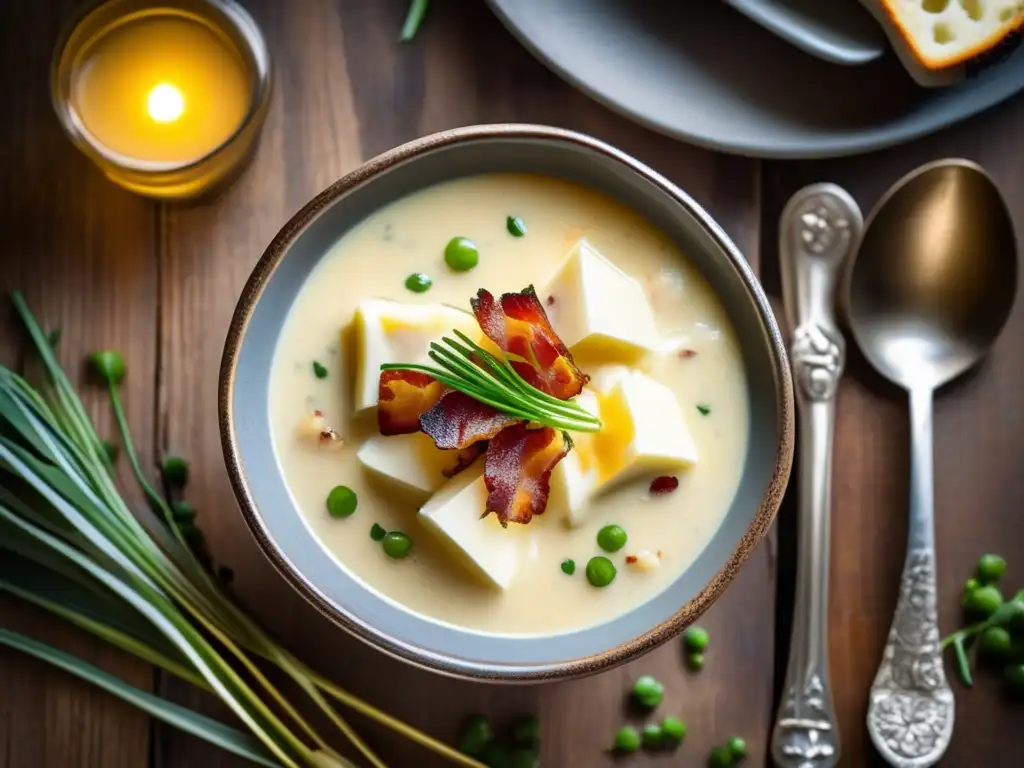 Una reconfortante sopa cetogénica de coliflor y tocino en un tazón de cerámica, sobre una mesa rústica.