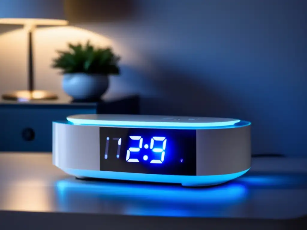 Máquina de ruido blanco con luz azul suave en habitación serena Un relajante dispositivo de ruido blanco emitiendo suave luz azul en una habitación oscura, junto a un reloj minimalista. Perfecto para crear ambiente con gadgets para dieta cetogénica.