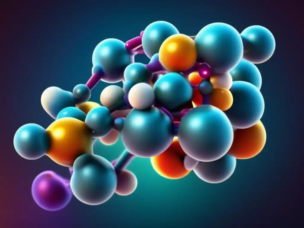 Una representación detallada y colorida de la estructura molecular del betahidroxibutirato, la principal cetona producida durante la cetosis. <b>La imagen muestra una compleja red de enlaces químicos y átomos, transmitiendo precisión científica y complejidad.</b> Relación entre insulina y cetosis