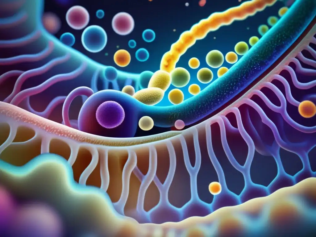 Un retrato detallado del microbioma intestinal humano, mostrando una red de bacterias y microorganismos diversos interactuando en el entorno intestinal. <b>La imagen representa de manera impactante y precisa el complejo ecosistema dentro de los intestinos.</b> El impacto de la dieta cetogénica en enfermedades intestinales es evidente.