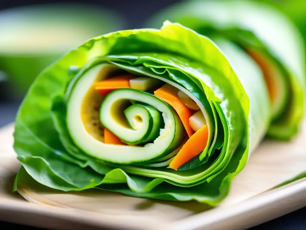 Un rollito de primavera keto con ingredientes frescos y coloridos, envuelto en lechuga.