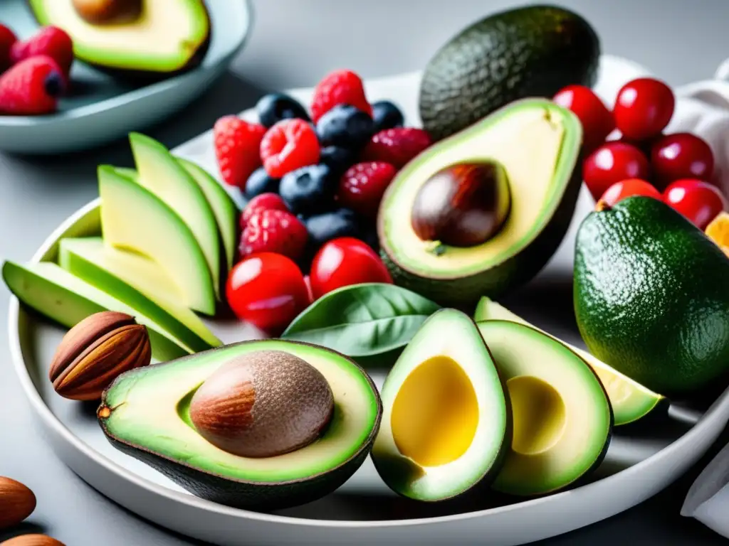 Una selección de alimentos coloridos y saludables para la dieta cetogénica se muestra en una cocina moderna, bañada por la luz natural.