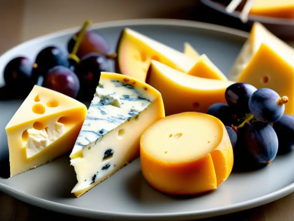 Una selección de quesos artesanales y frutas frescas en un elegante plato, perfecta para la incorporación de quesos en dieta cetogénica.