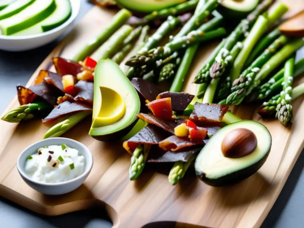 Una selección de snacks cetogénicos rápidos y nutritivos, dispuestos de manera atractiva en una tabla de cortar de madera elegante.