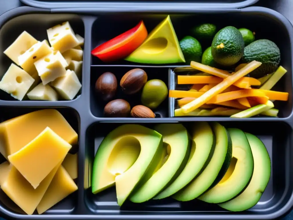 Una selección de snacks cetogénicos para viajes, organizados en contenedores sobre un asiento de cuero negro en contraste.