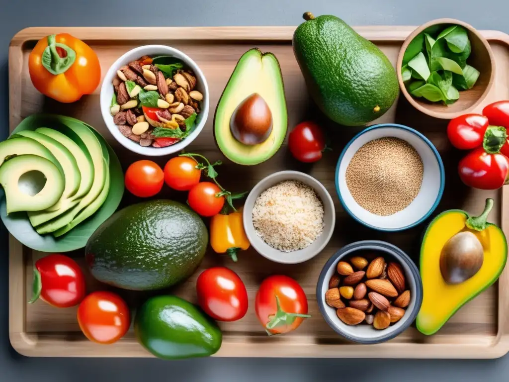 'Una selección vibrante de alimentos para dieta cetogénica económica en un tablero de madera, iluminados naturalmente.'