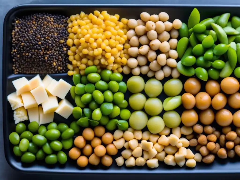 Vibrante variedad de proteínas vegetales en plato negro Una selección vibrante de proteínas vegetales en una presentación moderna, resaltando los beneficios de la dieta cetogénica.