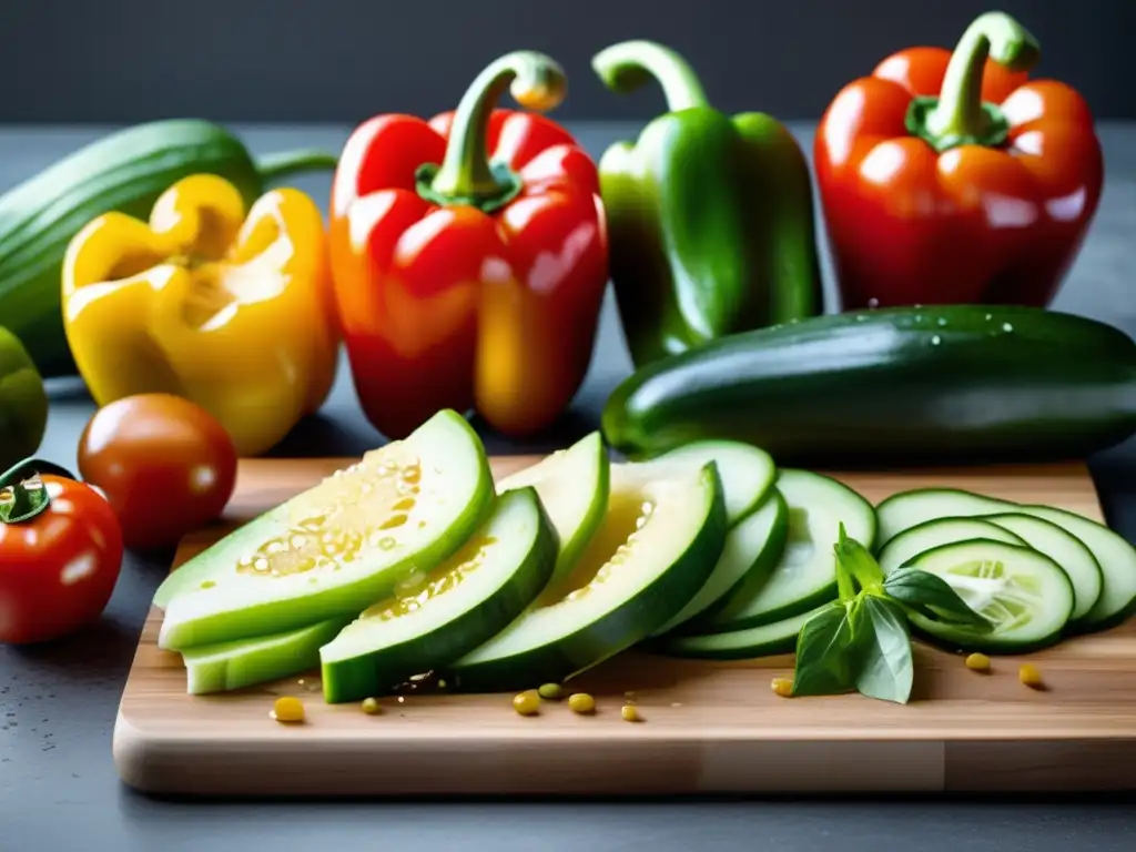 Una selección vibrante de verduras frescas sobre tabla de cortar. Refleja vitalidad y nutrición, clave en el desarrollo cerebral en dieta cetogénica.