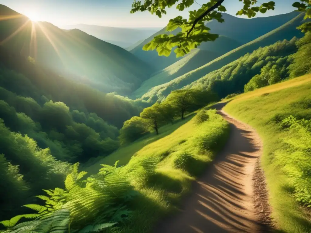 Un sendero de montaña serpentea entre un exuberante bosque verde, con la luz del sol filtrándose a través de las hojas y creando sombras moteadas en el suelo. Los colores vibrantes y los detalles intrincados de las ramas crean una escena cautivadora que evoca una sensación de