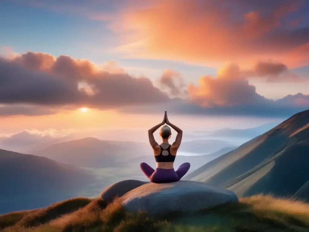 Yoga al amanecer en la cima: serenidad y balance Un sereno amanecer en la montaña con una persona practicando yoga en pose meditativa, reflejando la ketoadaptación y gestión del estrés.