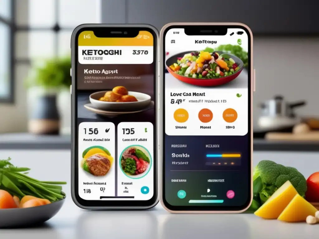 Un smartphone muestra una app de recetas cetogénicas con menús personalizados y vibrantes platos bajos en carbohidratos en una cocina futurista.