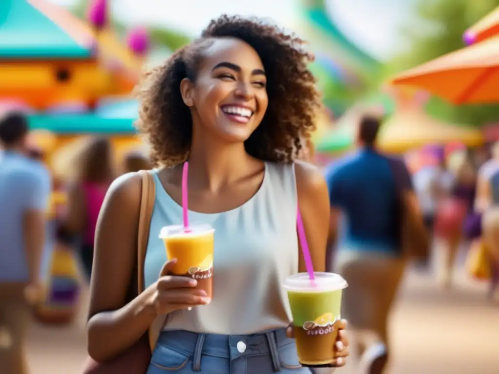 Disfrutando de snacks cetogénicos en un parque temático vibrante y animado. Dieta cetogénica en parques temáticos.