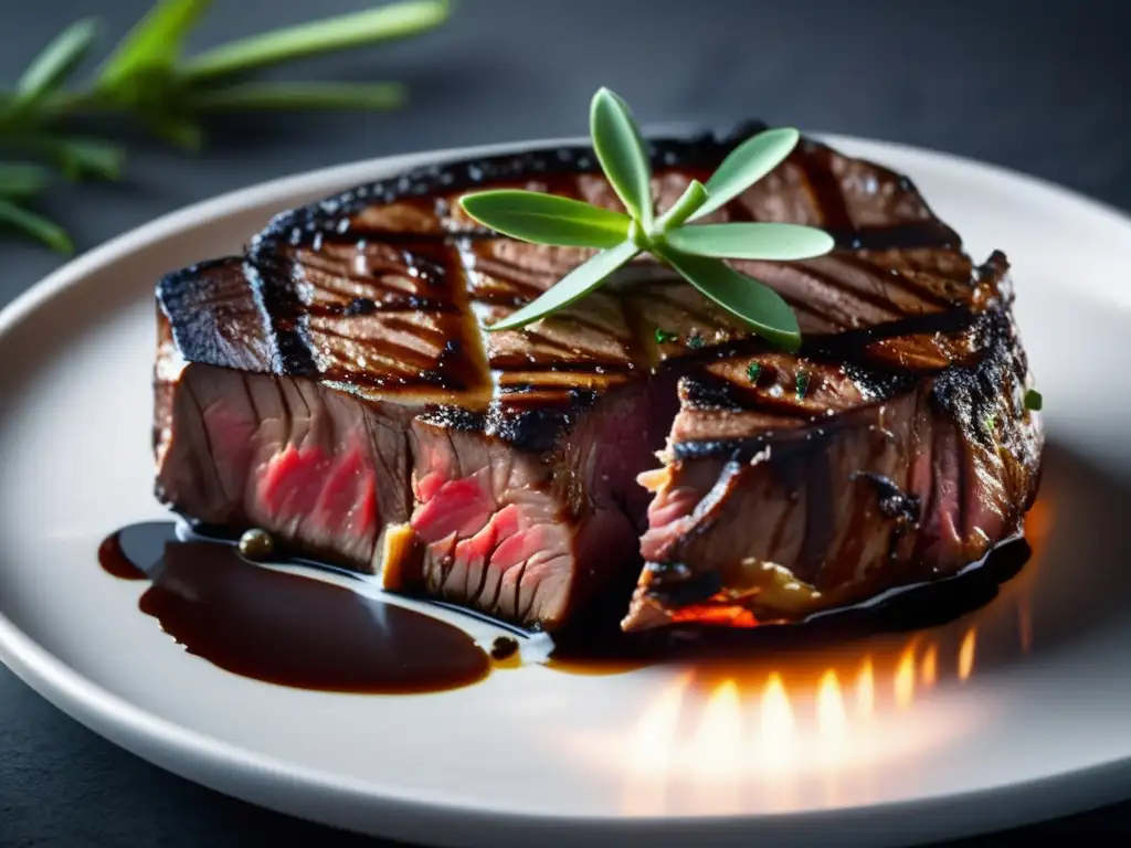 Una suculenta carne cultivada en laboratorio en una parrilla, con hermosas marcas de asado y hierbas frescas, en un ambiente moderno y minimalista.