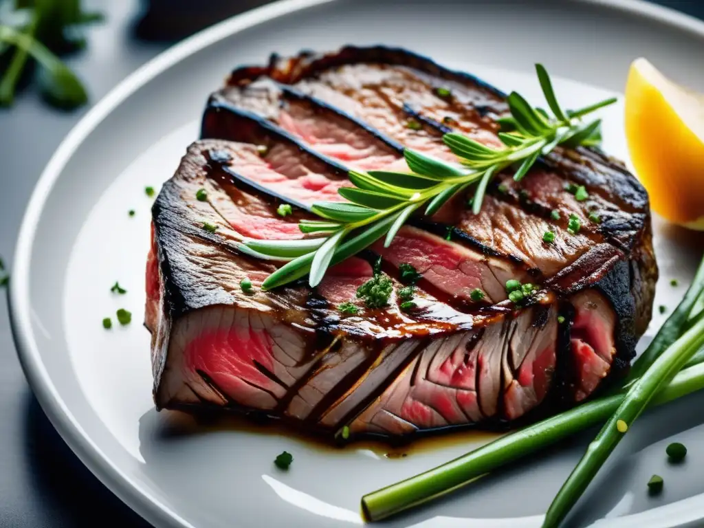 Una suculenta y perfectamente cocida carne cultivada en laboratorio, adornada con hierbas frescas, en un entorno culinario moderno y sofisticado.