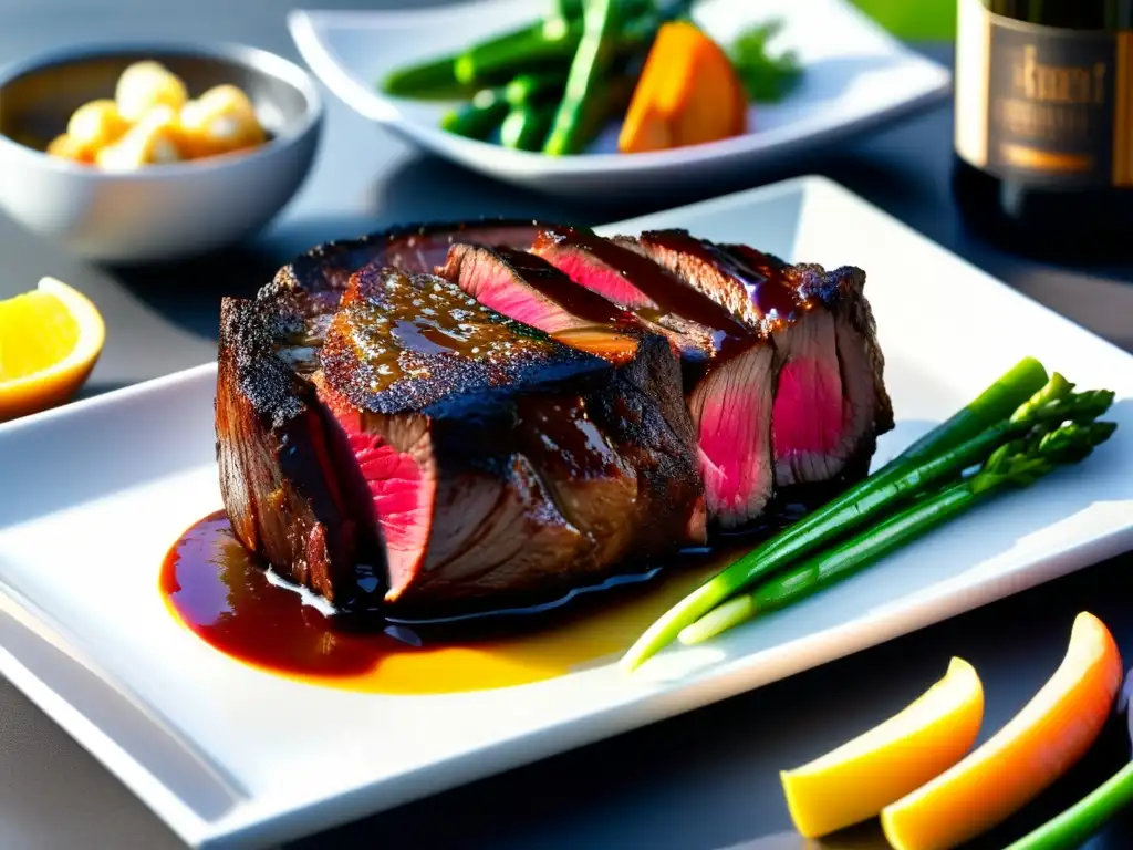 Un suculento prime rib a la parrilla en una cocina minimalista con técnicas de cocción lenta para carne cetogénica.