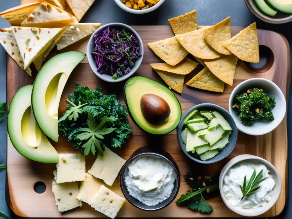 Una tabla de cortar de madera con filas ordenadas de snacks cetogénicos saludables: rodajas de aguacate con sal marina y chile, pepino con queso crema de hierbas, chips de kale crujientes y galletas de harina de almendra con romero. Los colores y texturas vibr