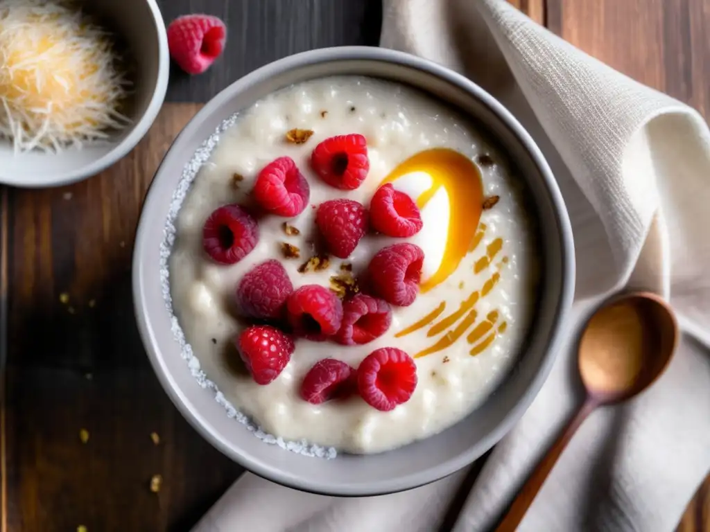 Un tazón de porridge keto cremoso con semillas de chía, leche de coco, frambuesas frescas y miel. Sobre una mesa de madera con luz natural.