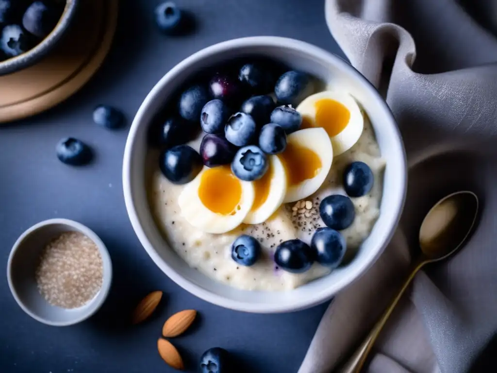 Un tazón de porridge keto con semillas de chía, coco, arándanos y mantequilla de almendra. Una imagen detallada y tentadora.