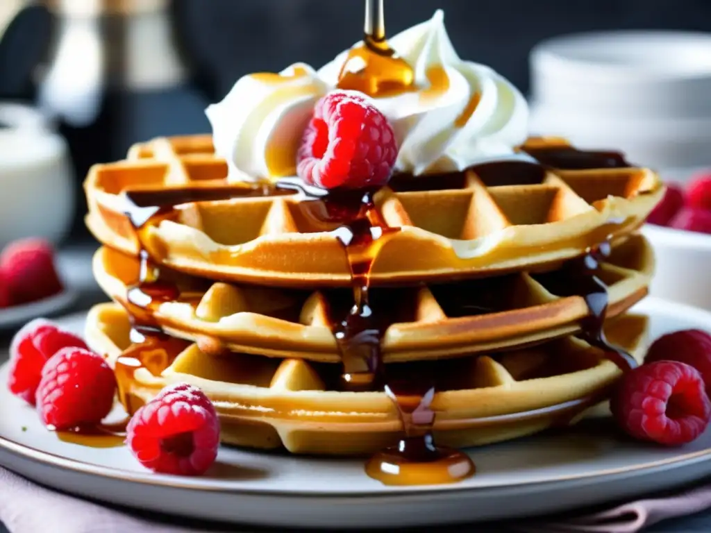 Un tentador montón de waffles cetogénicos de almendra, decorados con crema batida y frambuesas frescas, sobre una elegante mesa moderna.