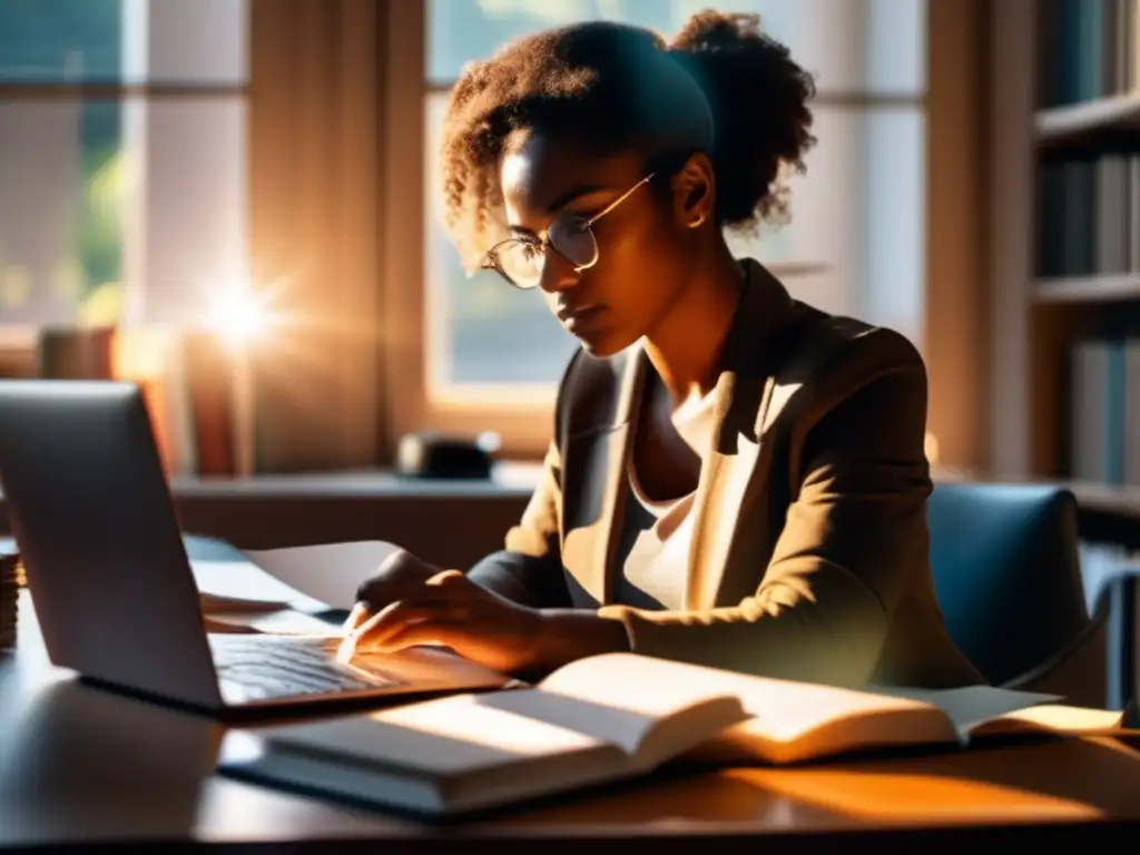 Concentración en el trabajo con beneficios cetosis en enfoque, rodeado de libros y papeles, luz cálida entra por la ventana.