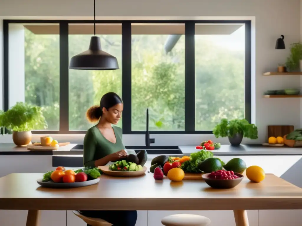 Un tranquilo escenario en una cocina moderna con luz natural iluminando una mesa de comedor de madera minimalista, adornada con una colorida variedad de vegetales frescos, frutas vibrantes y grasas saludables como aguacates y nueces. Una persona se sienta en la mesa, practicando pacíficamente