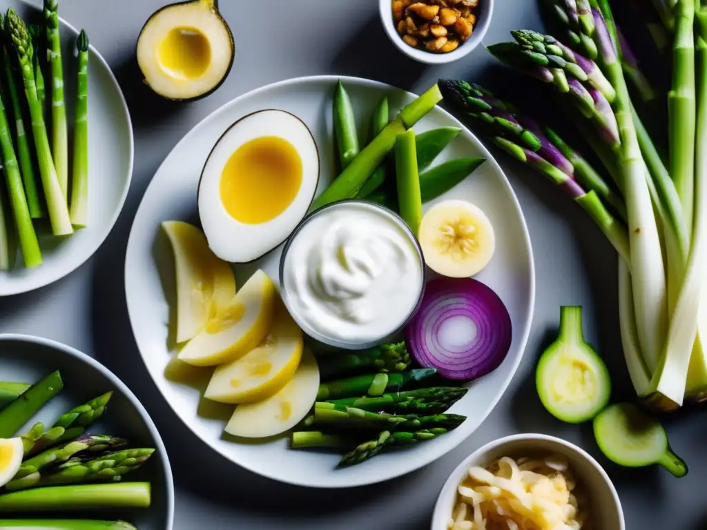 Una variedad colorida de alimentos ricos en prebióticos y probióticos en cetosis, dispuestos en un elegante plato blanco en una cocina minimalista.