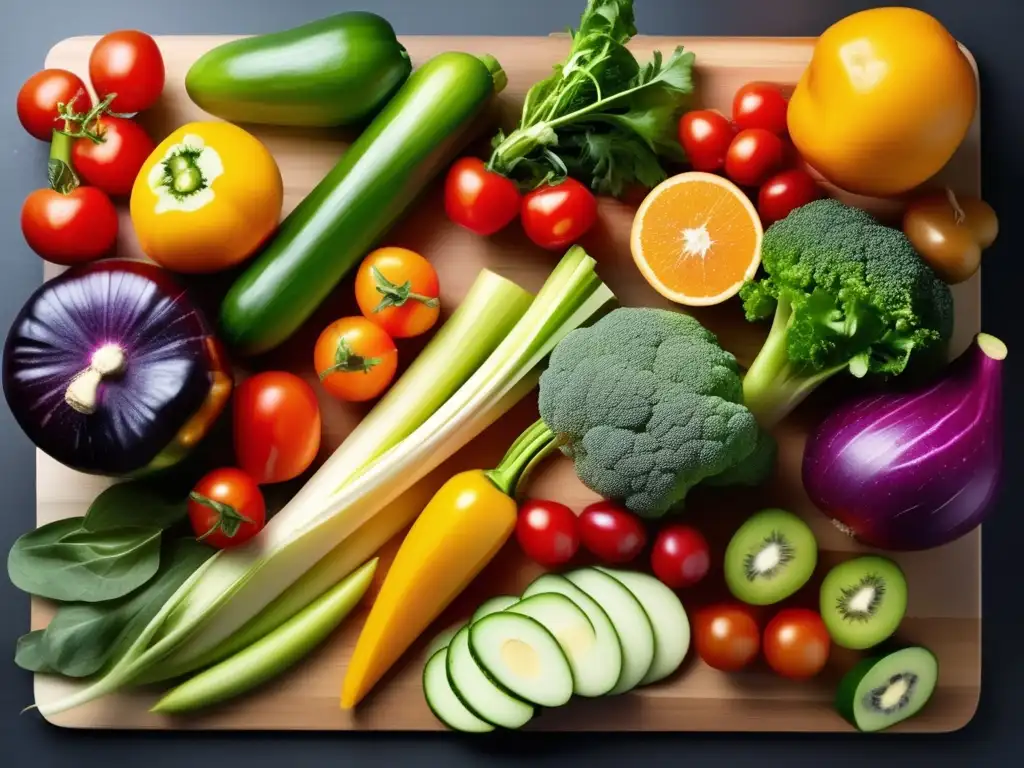 Vibrante variedad de frutas y verduras para piel radiante Una variedad de frutas y verduras coloridas y frescas en una tabla de cortar moderna, resaltando los nutrientes cetogénicos para piel firme.