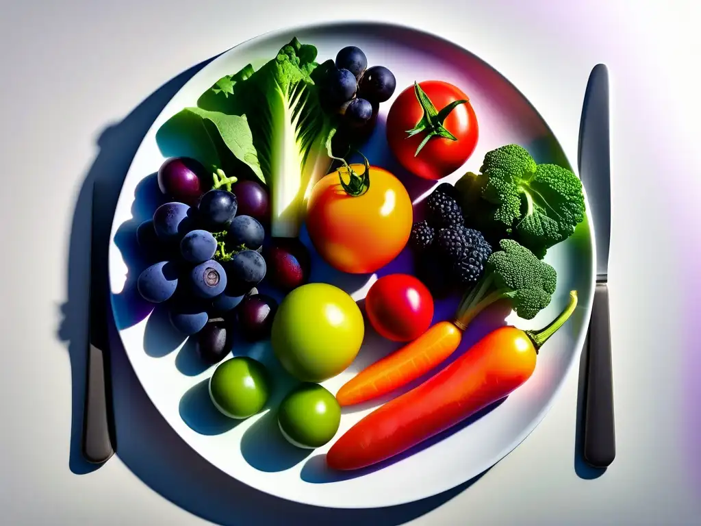 Una variedad de frutas y verduras frescas y coloridas en un plato blanco, iluminadas por el sol. Dieta cetogénica y marcadores inflamatorios.