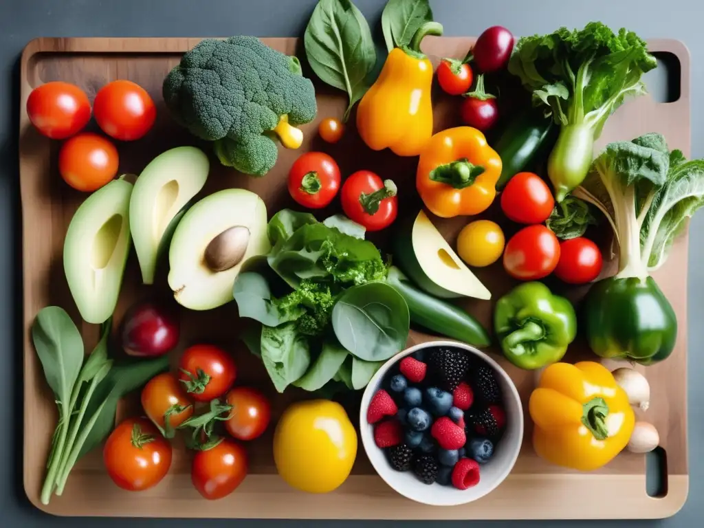 Una variedad de frutas y verduras frescas y vibrantes, dispuestas en una tabla de cortar de madera. La luz natural resalta sus colores y texturas, creando una representación atractiva y apetitosa de la nutrición basada en plantas. Dieta cetogénica y inflamación crónica