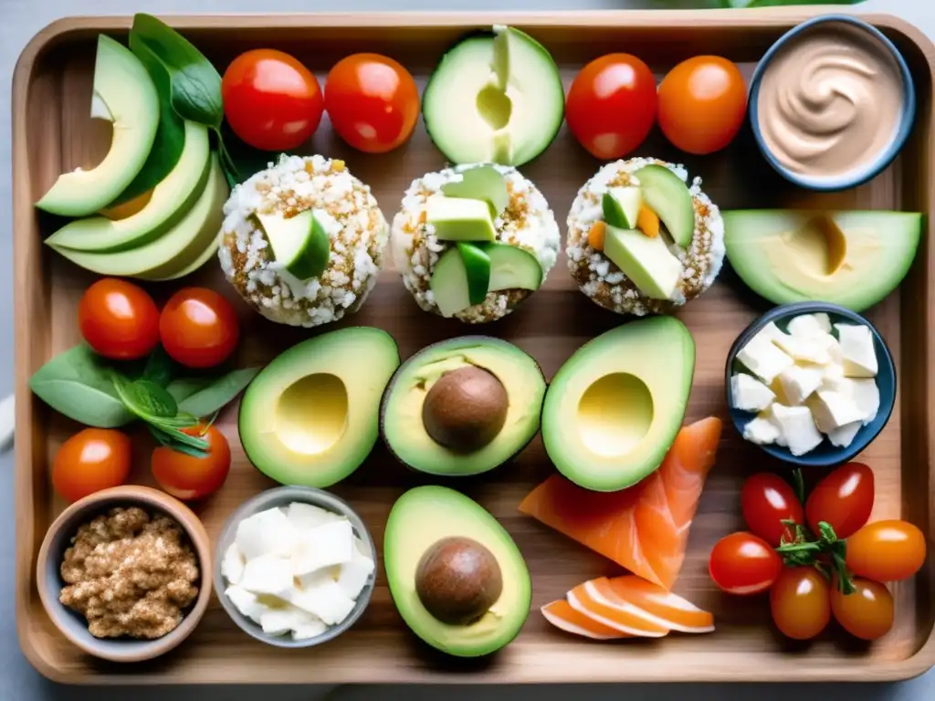 Una variedad de snacks cetogénicos energéticos saludables dispuestos en una tabla de cortar de madera moderna.