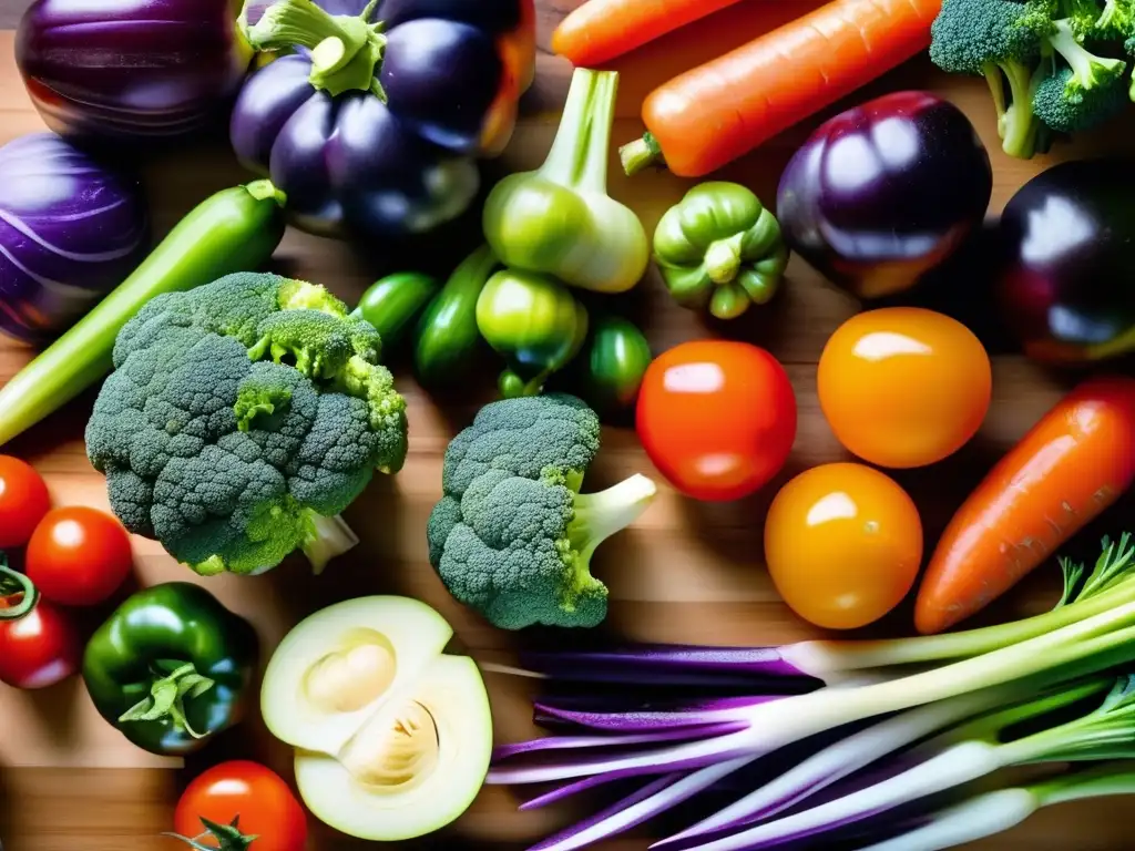 Una variedad de verduras orgánicas frescas y coloridas, como tomates rojos, zanahorias naranjas, brócoli verde y berenjena morada, dispuestas artísticamente en una tabla de cortar de madera. La imagen destaca la belleza natural y diversidad nutricional de estos alimentos cetog