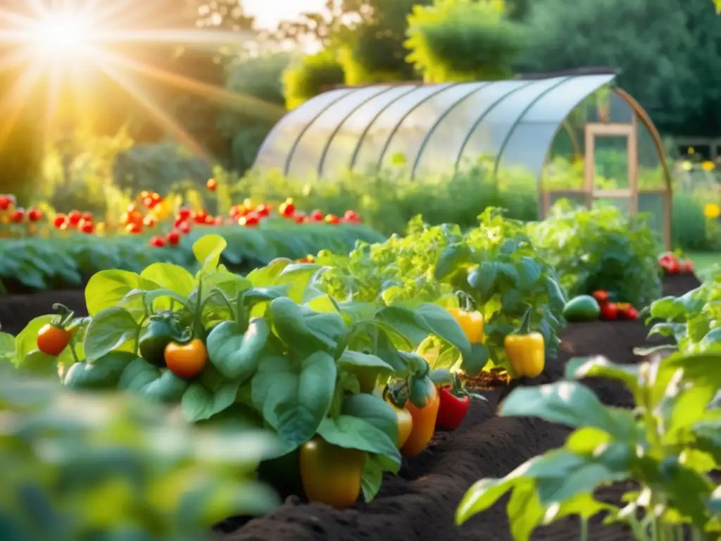 Un jardín de verduras exuberante y próspero, bañado por la cálida luz del sol. <b>Abejas y mariposas revolotean entre flores.</b> <b>Al fondo, un invernadero rebosante de hierbas y verduras.</b> Comparación sostenibilidad dieta cetogénica