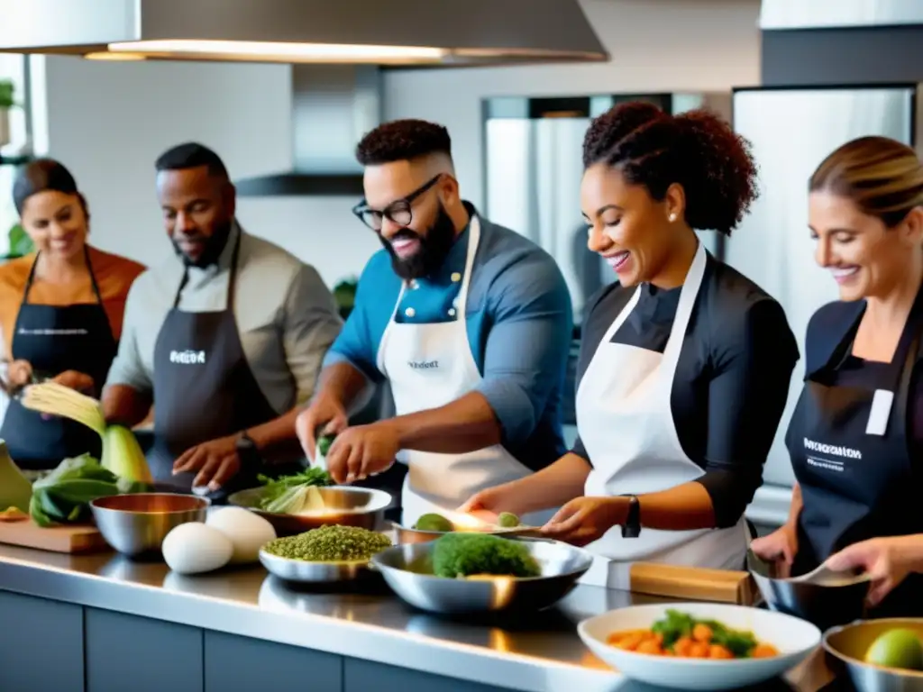 'Vibrante clase de cocina cetogénica con chef y participantes aprendiendo. <b>Ambiente moderno y educativo.</b> Cursos online dieta cetogénica.'