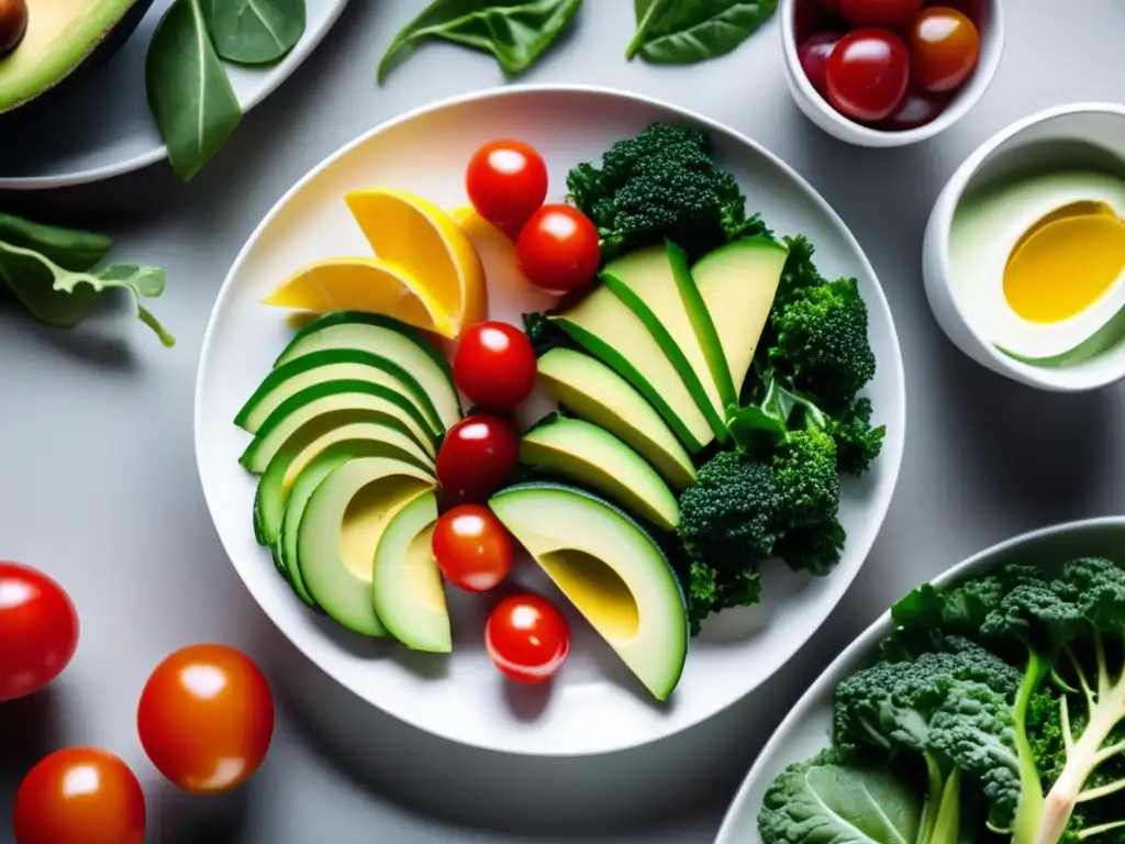 Una vibrante composición de comida cetogénica para diabetes tipo 2 en un elegante plato blanco rodeado de kale, aguacates y tomates cherry.